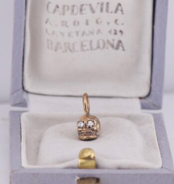 Antique Victorian 14k Solid Gold Diamond Memento Mori Skull Charm Fob Pendant
