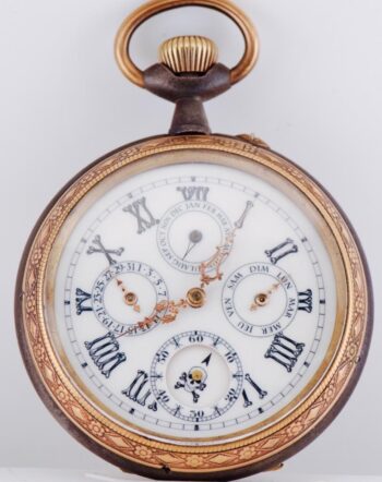 Oversize 66.5mm Memento Mori Skull Automaton Triple Calendar Pocket Watch 1890s