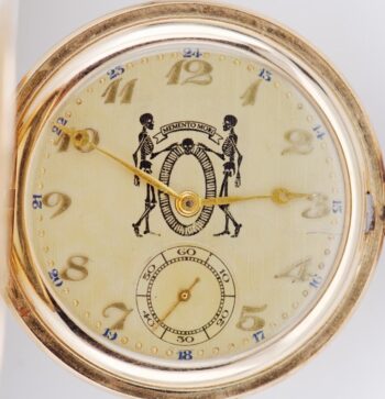 Antique 1930s Memento Mori Skeleton Gold Plated Hunter Pocket Watch 51.5mm