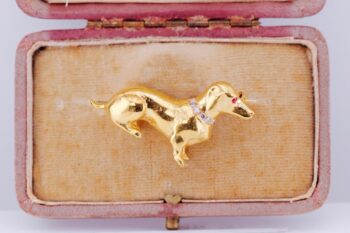 Antique Carl Bucherer Dachshund Dog Brooch 18k Gold Diamonds Ruby c1930's