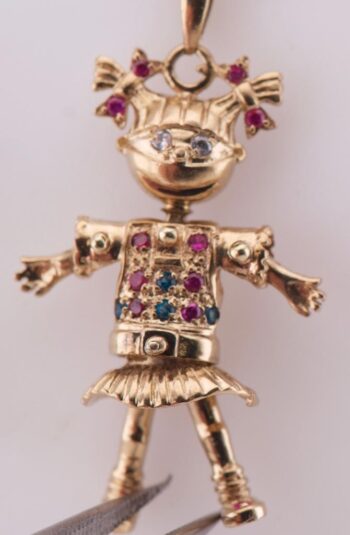 Antique UK 9k Solid Gold Articulated Figural Doll Pendant Necklace Ruby Sapphire