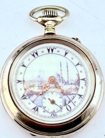 Antique BEAUCOURT Swiss Pocket Watch – Enamel Ottoman Mosque Dial, 6 Rubis, 45mm