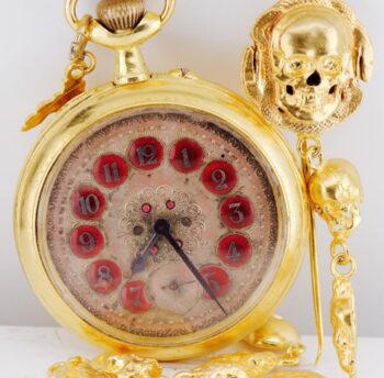 Antique 1890s Memento Mori 18k Gold Plated Skull Pocket Watch & Chain 66.5mm