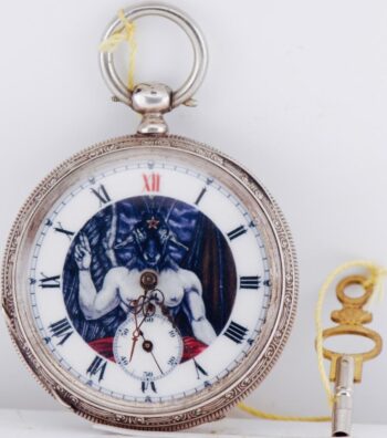 Antique 19thC Occult Baphomet Silver Pocket Watch Skeletonized Movement 51mm