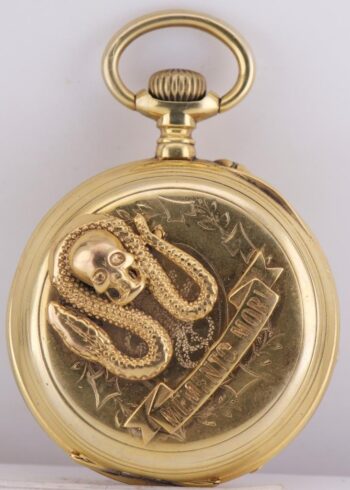 Antique 1890s Memento Mori Skull 18k Vermeil Pocket Watch LeCoultre 44mm